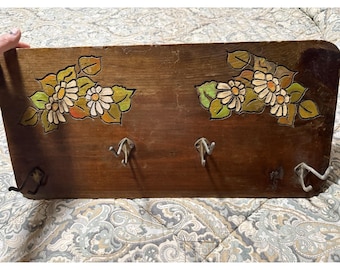 Vintage Wood 4  Brass Hook Floral Hand Engraved Signed Wall Coat Rack Farmhouse