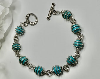 Silver Tone Turquoise Beads Wire Work Bracelet, Wire Wrapped Turquoise Bracelet, Silver Tone Throat Chakra Bracelet Chakra