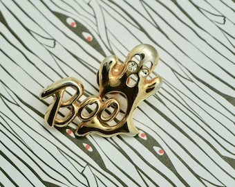 Goldtone Rhinestone Boo Ghost Pin Brooch, Halloween Brooch, Friendly Ghost Brooch, Gold Tone Halloween Ghost Brooch, Halloween Message Signs