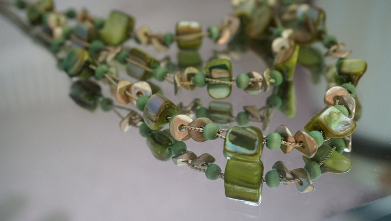 Gold Tone Multi Strand Earth Color Geometric Beads Necklace Summer Trend Three Strand Necklace Multi Beads Necklace Green Necklace