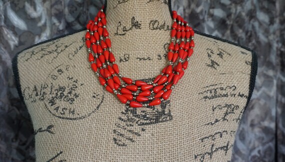 Multi String Red Pear Shape Beads Chocker Necklac… - image 1