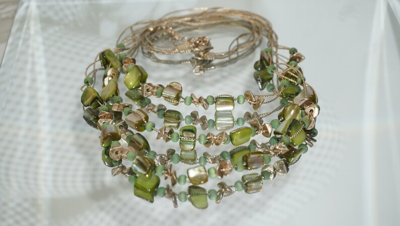 Gold Tone Multi Strand Earth Color Geometric Beads Necklace Summer Trend Three Strand Necklace Multi Beads Necklace Green Necklace