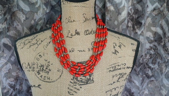 Multi String Red Pear Shape Beads Chocker Necklac… - image 3