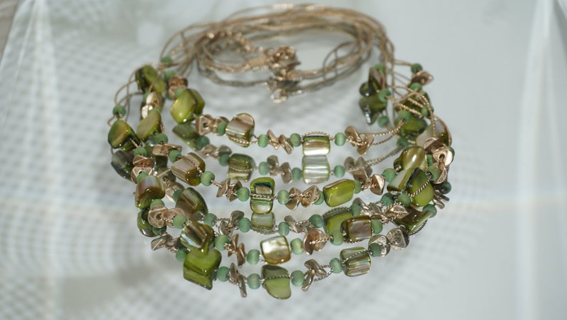 Gold Tone Multi Strand Earth Color Geometric Beads Necklace Summer Trend Three Strand Necklace Multi Beads Necklace Green Necklace