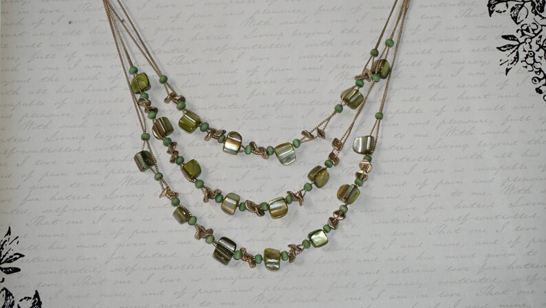 Gold Tone Multi Strand Earth Color Geometric Beads Necklace Summer Trend Three Strand Necklace Multi Beads Necklace Green Necklace