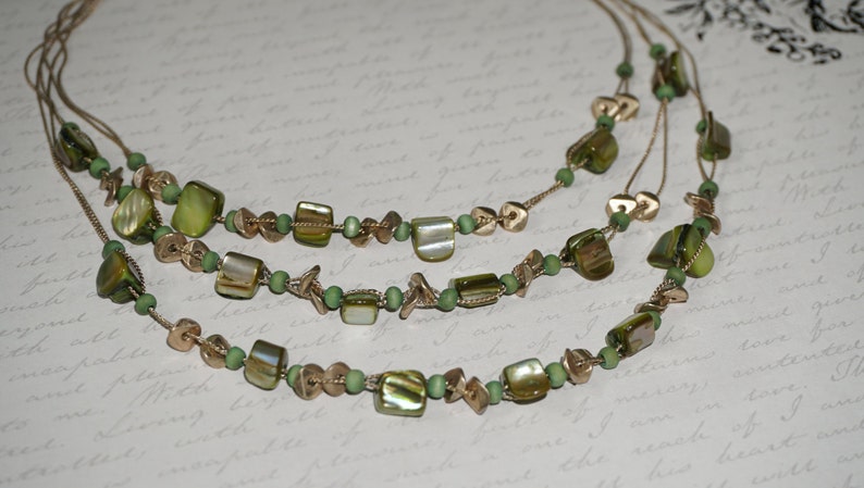 Gold Tone Multi Strand Earth Color Geometric Beads Necklace Summer Trend Three Strand Necklace Multi Beads Necklace Green Necklace