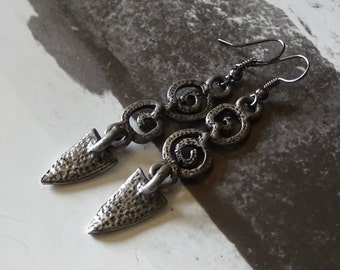 Handmade Pewter Arrowhead Dangle Pierced Earrings, Swirl Long Earrings, Pewter Dangles, Arrowhead Earrings, Trending Earrings, Silver Tone