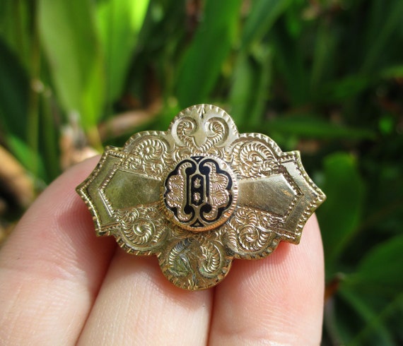 Antique Victorian Gold & Black Enamel Brooch Pin P