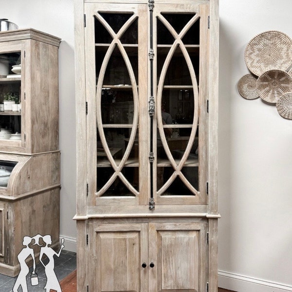 French country glass pane door display closet tall library bookcase solid wood Cabinet has driftwood finish and amazing hardware details.