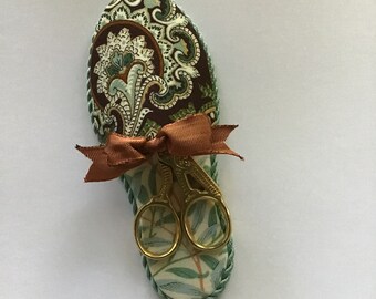 Teal and brown floral William Morris print scissor slipper with new stork scissors. sewing notions