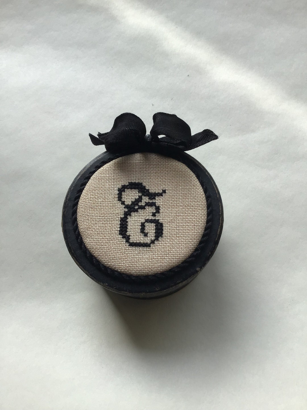 Primitive Black Button Box Thimble Box With Cross Stitch Monogram ...