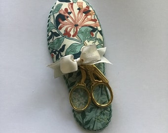 Teal and pink floral scissor slipper made with William Morris fabric. sewing notions.sewing scissors.