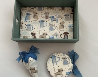 Blue cat motif sewing tray with matching needle case and strawberry emery. Sewing notions. cross stitch tray.