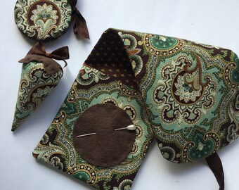 Teal and brown floral sewing roll with matching needle case  and strawberry emery. Huswif. Housewife.