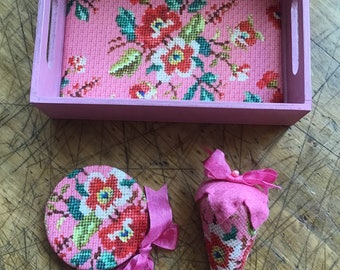 Pink floral sewing tray with matching needle case and strawberry emery. Cross stitch motif.