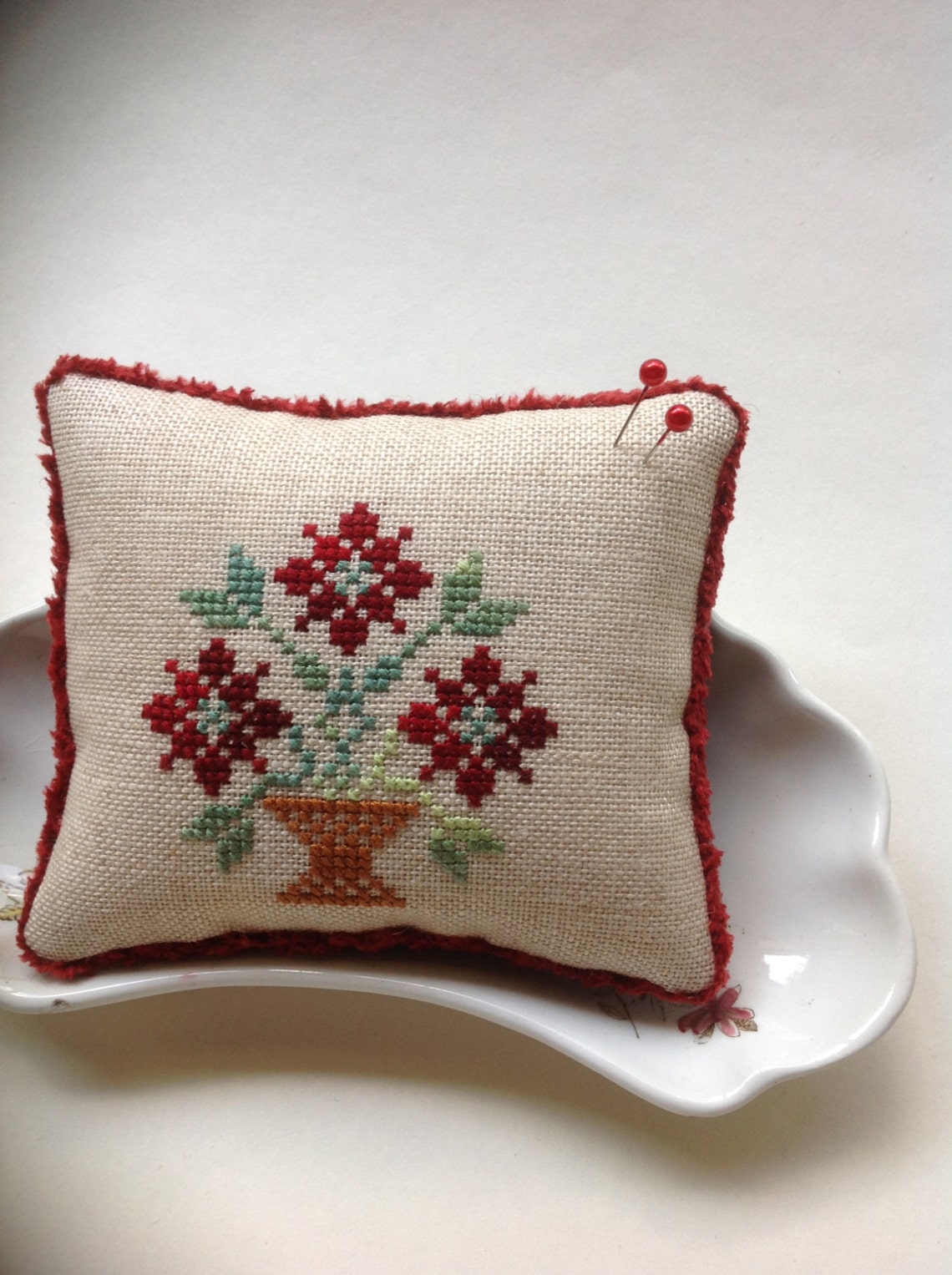 Red floral cross stitched pin cushion/bowl filler/pillow. | Etsy