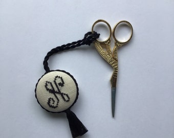 Cross stitched scissor fob with monogram letter “ N” Monogram scissor fob. Sewing notions. Sewing scissors.