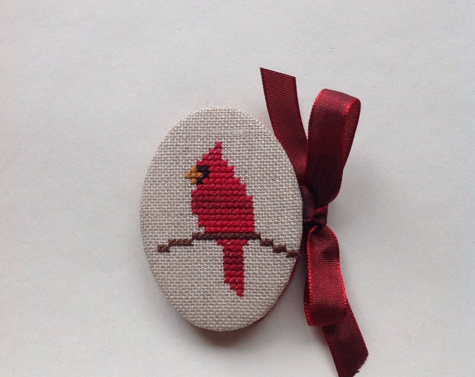 Red Cardinal Cross Stitched Needle Book. Needlework. Sewing Notions