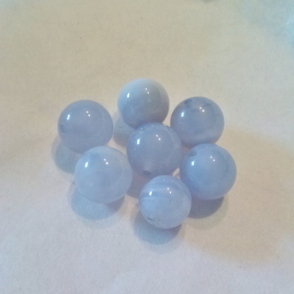 9mm Natural Blue Chalcedony Smooth Round Gemstone Beads - 7 Count