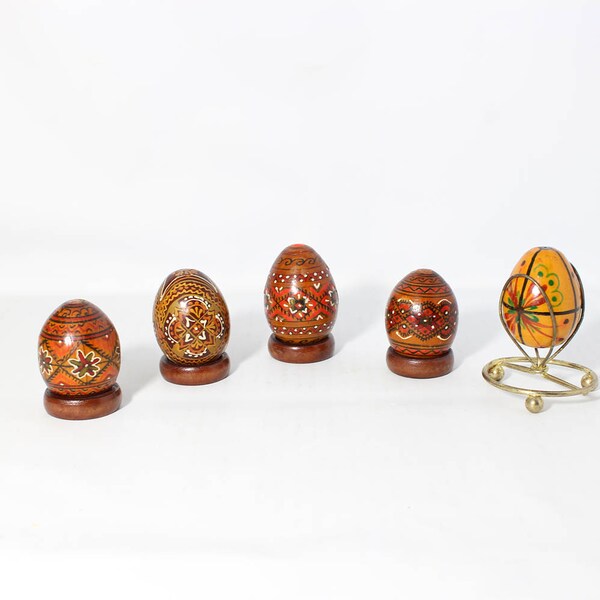 Wood Eggs Hand Painted, Decorative Hand Carved, Hand Decorated Collection of Wooden eggs and 1 Brass Stand and Wood Stands