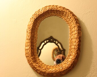 Vintage Oval Rattan Mirror, Horizontal and Vertical Wall Mount Vintage Vanity Wall Mirror Wicker and Wood