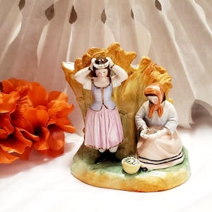 Vintage Bisque Porcelain Spill Vase: Two Women Straw Crown Makers Figurine