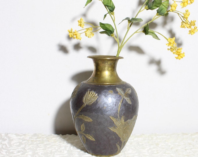 Vintage Brass Flower Vase With Pewter Gray Enamel Made in Etsy
