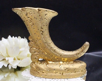 Jarrón de cuerno de Cornucopia vintage, dorado brillante, decorado a mano, hecho en EE. UU.