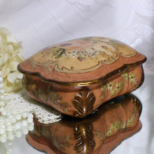 Vintage TOYO Ceramic Vanity Box, Antique Rose Base with Handpainted Flowers, Toyo Keepsake Box Designed by Lillian August