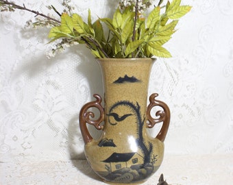 Chinese Pottery Vase, Blue Decorated Stoneware, Saltware Vase, Lusterware Double Handle Vase