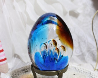 Vintage Large Blue Glass Egg Paperweight, Controlled Bubbles Glass Art