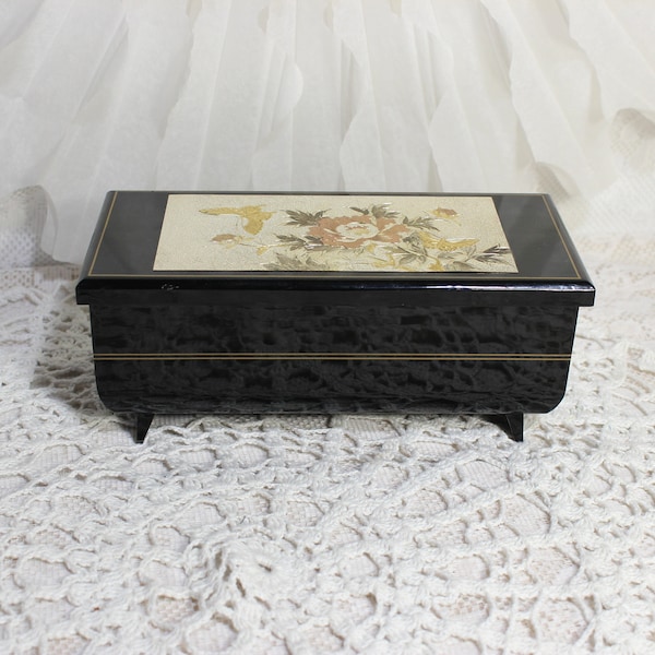 Vintage Black Lacquer Musical Jewelry Box, With Mirror and Golden Butterflies Art of Chokin Top Lid, Plays " Memories ", Made in Japan