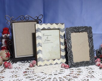 Vintage 3 Assorted Picture Frames, Easel Frames, Mismatched Rectangular Desk Photo Display
