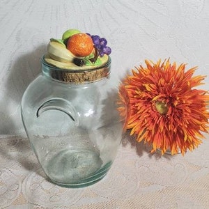 Large Italian Glass Lidded Jar, Vetreria Etrusca Italy, Cork and Ceramic Fruits Lid