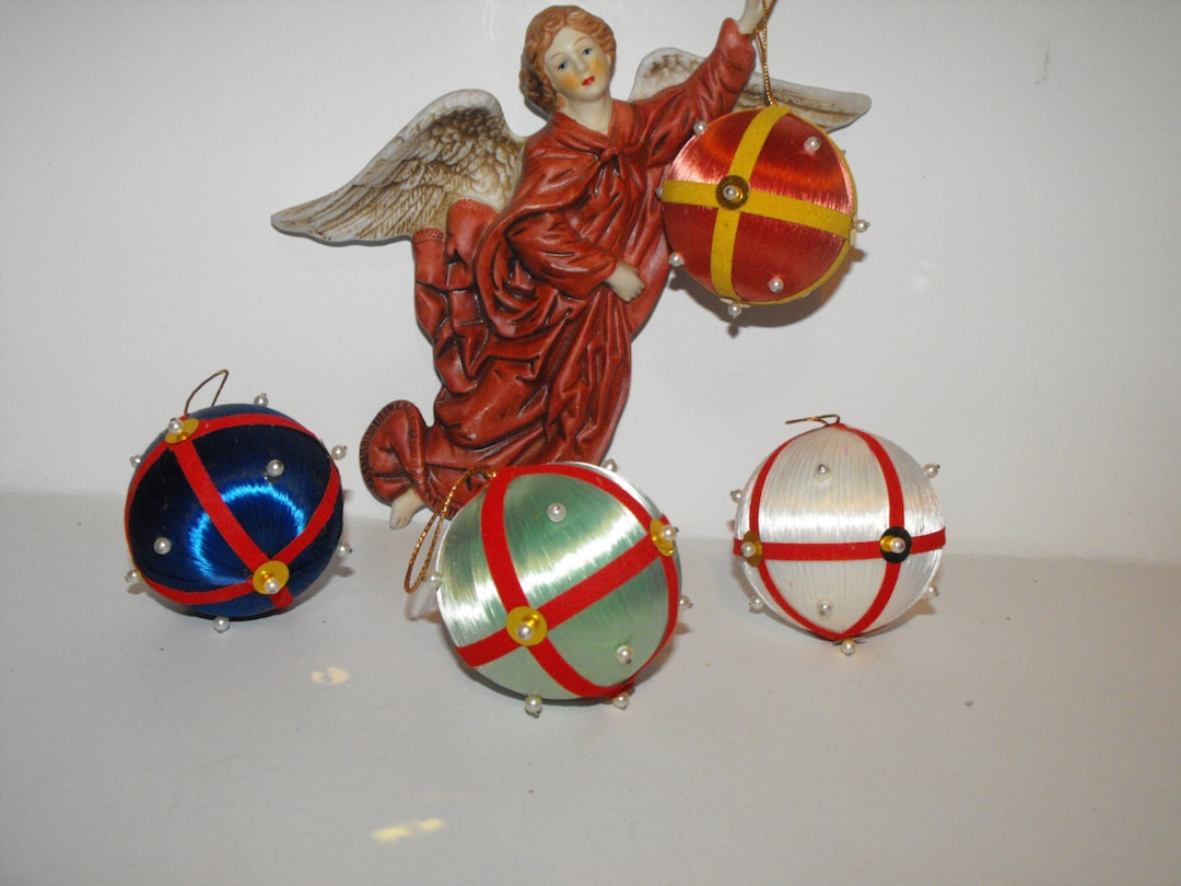 Satin Balls Beaded Ornaments in the Box, Christmas Tree Vintage