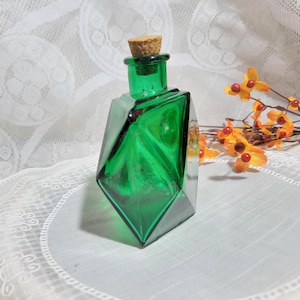 Small Vintage Faceted Green Glass Decanter Bottle, Geometric Diamond Cut Bottle with a Cork Stopper