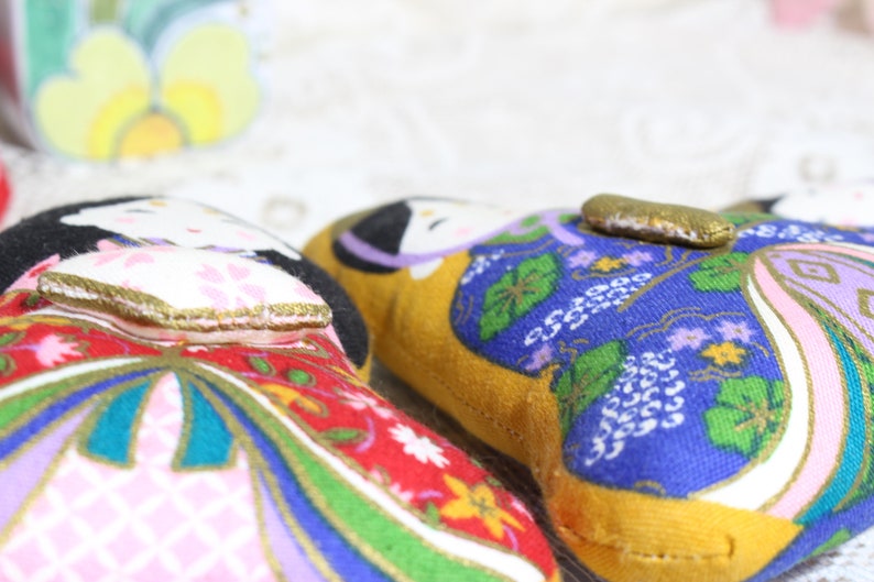 Vintage Kokeshi Geisha Dolls,Stuffed Cloth Asian Decor Oriental Pin Cushions Printed Fabric Tea Dolls