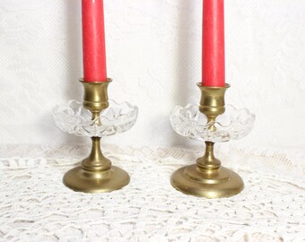 Vintage  Small Brass Candle Holders With Cut Glass Wax Catcher