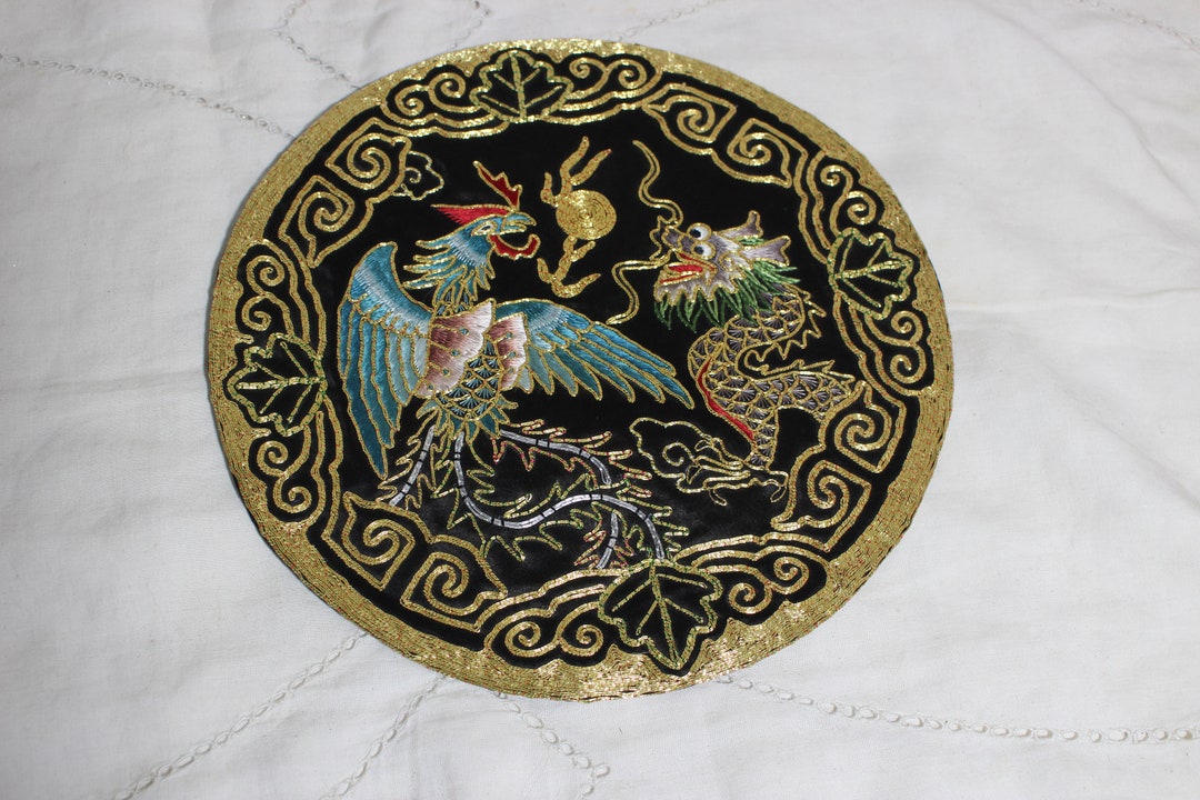 Vintage Chinese Gold Thread Embroidery Panels, Folk Art Chinese Dragon