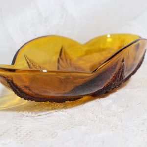 Vintage Amber Color Glass Bowl, Scalloped Edge Dimples Pattern Leaves Dish S