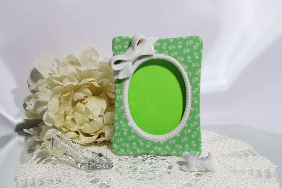 Vintage Porcelain Desk Picture Frame Green With White Flowers Etsy