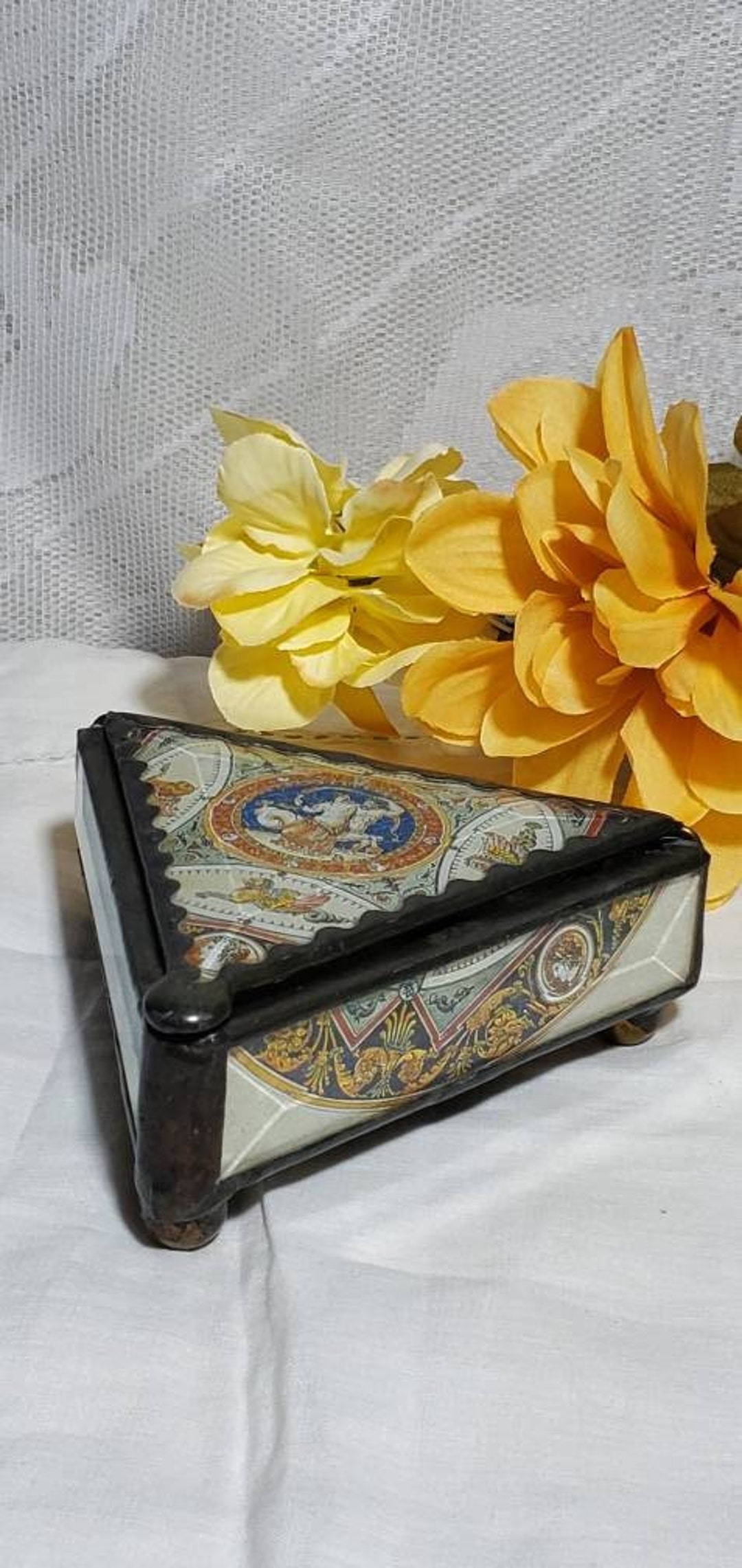 Vintage Glass Triangle Jewelry Box Greek Mythology Creatures Decoupage