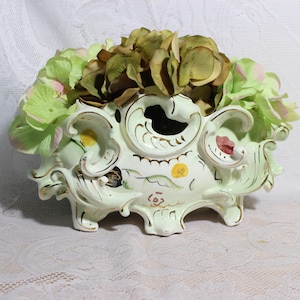 Antique French Style Jardiniere, Ceramic Planter Double Handle, Footed Centerpiece, Ornate Art Nouveau Patina Gray-Blue