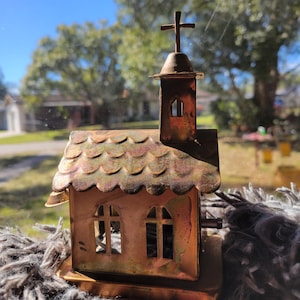 Vintage Tin Copper Sheet Metal Church Music Box, PLAYS: Amazing Grace