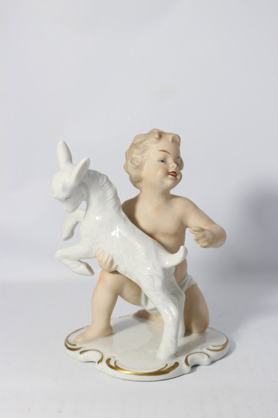 Vintage Wallendorf, Porcelain German Figurine, Putto with a Goat Kid, 1960's Collectible Vintage Wallendorf, Porcelain German Figurine, Putto with a Goat Kid, 1960's Collectible