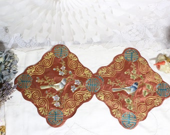 Vintage Chinese Gold Thread Embroidery Patch Panels, Blue Birds With Chinese Symbols