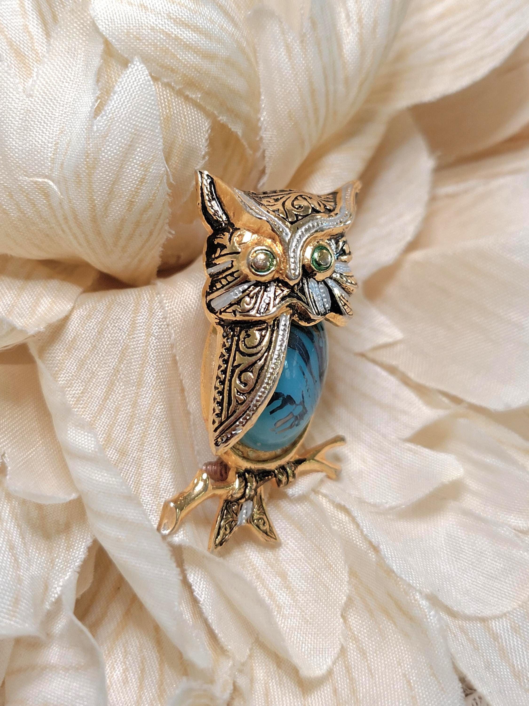 Vintage Owl Brooch / Pin Damascene Golden Color with Blue Glass Cabochon, Made in Spain