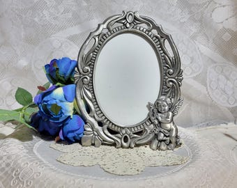 Vintage Pewter Cherub Oval Picture Frame: Easel Back Tabletop Decor