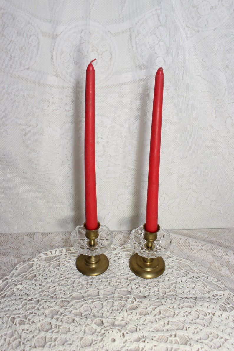 Vintage Small Brass Candle Holders With Cut Glass Wax Catcher Etsy