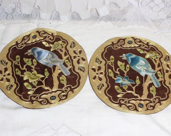 Vintage Chinese Blue Birds Gold Thread Embroidery Patches